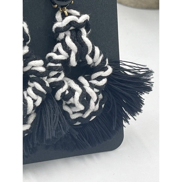 J. Crew Black White Knitted Sailors Knot Tassel Fringe Silver Tone Earrings New - Picture 8 of 9